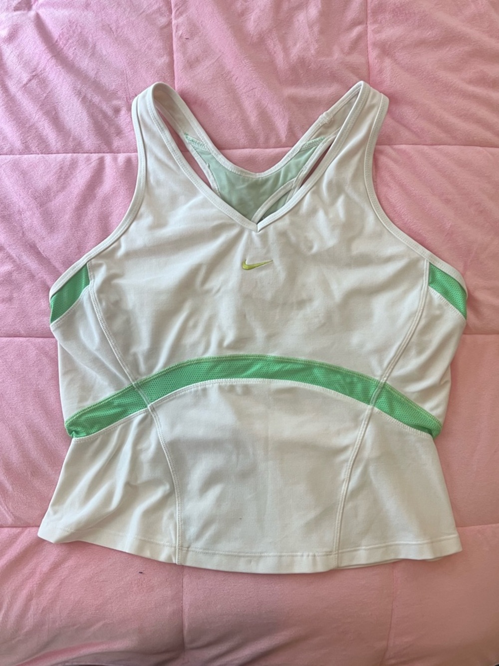 Nike White & Green Active Tank Top with Built in Sports Bra